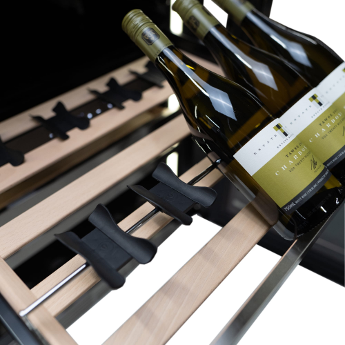 Close-up of wooden slatted wine cellar shelf with black plastic spacers holding bottles in Appliances and Kitchen & Kitchenware collections