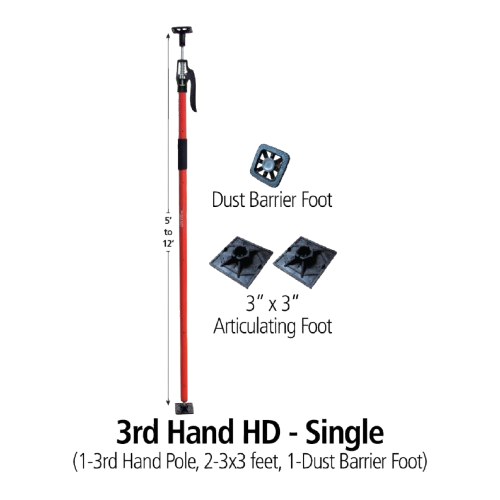 Red and black adjustable 3rd Hand tool pole with dust barrier and articulating feet for home improvement tasks