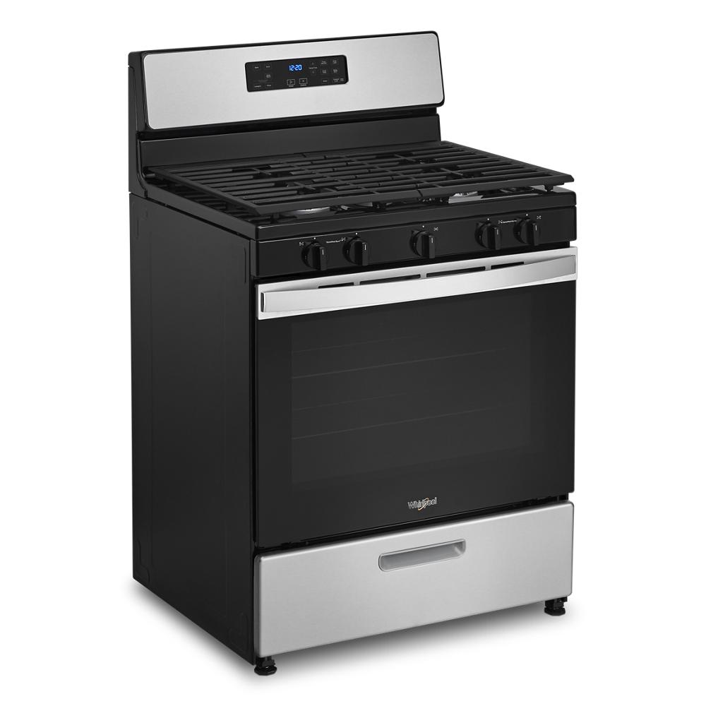 Freestanding black and stainless steel gas range with edge to edge cooktop, dishwasher-safe cast-iron grates from Ranges collection