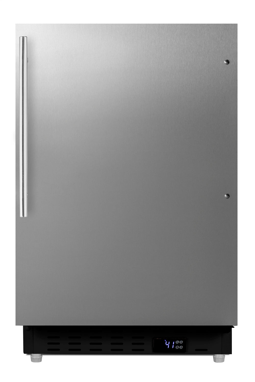 Built-in stainless steel undercounter refrigerator with ADA compliant design and digital temperature display in kitchen appliance collection