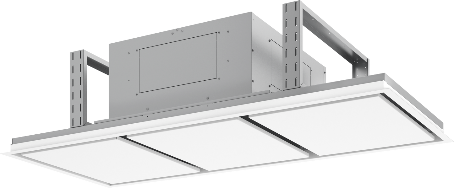 Modern recessed island range hood with LED lighting and smart control for kitchen installation at Hartville Hardware