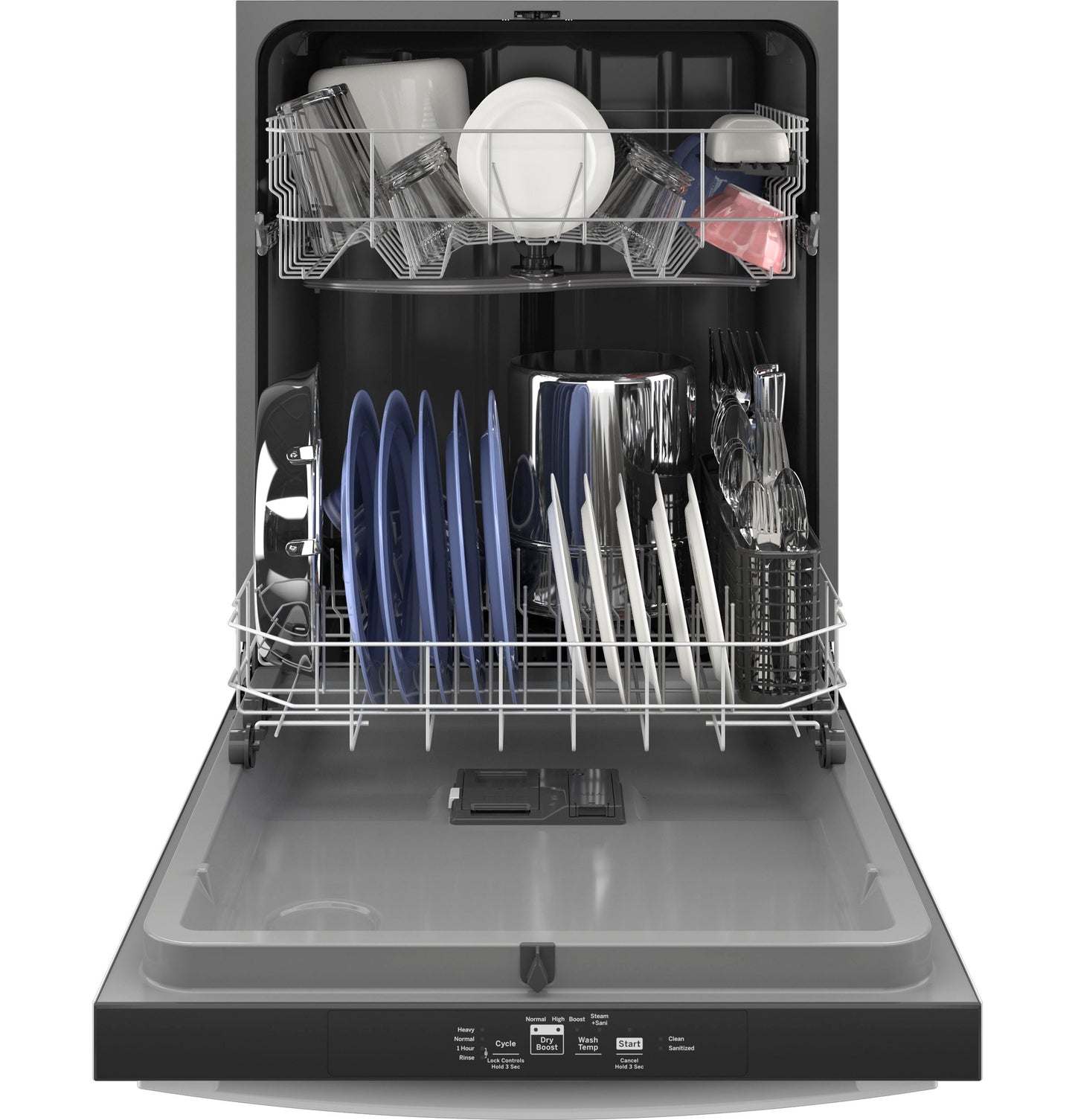 Open GE ENERGY STAR top control dishwasher with plastic interior loaded with plates, glasses, and utensils in kitchen appliances collection