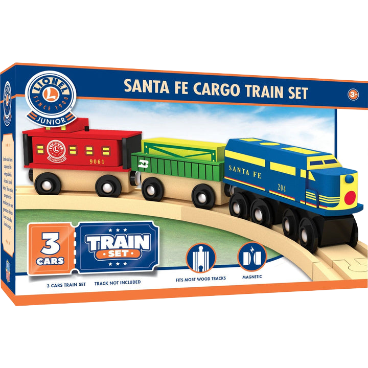 Blue and yellow wooden toy train with red caboose and green cargo car in a portable 3-car set for pretend play toys collection