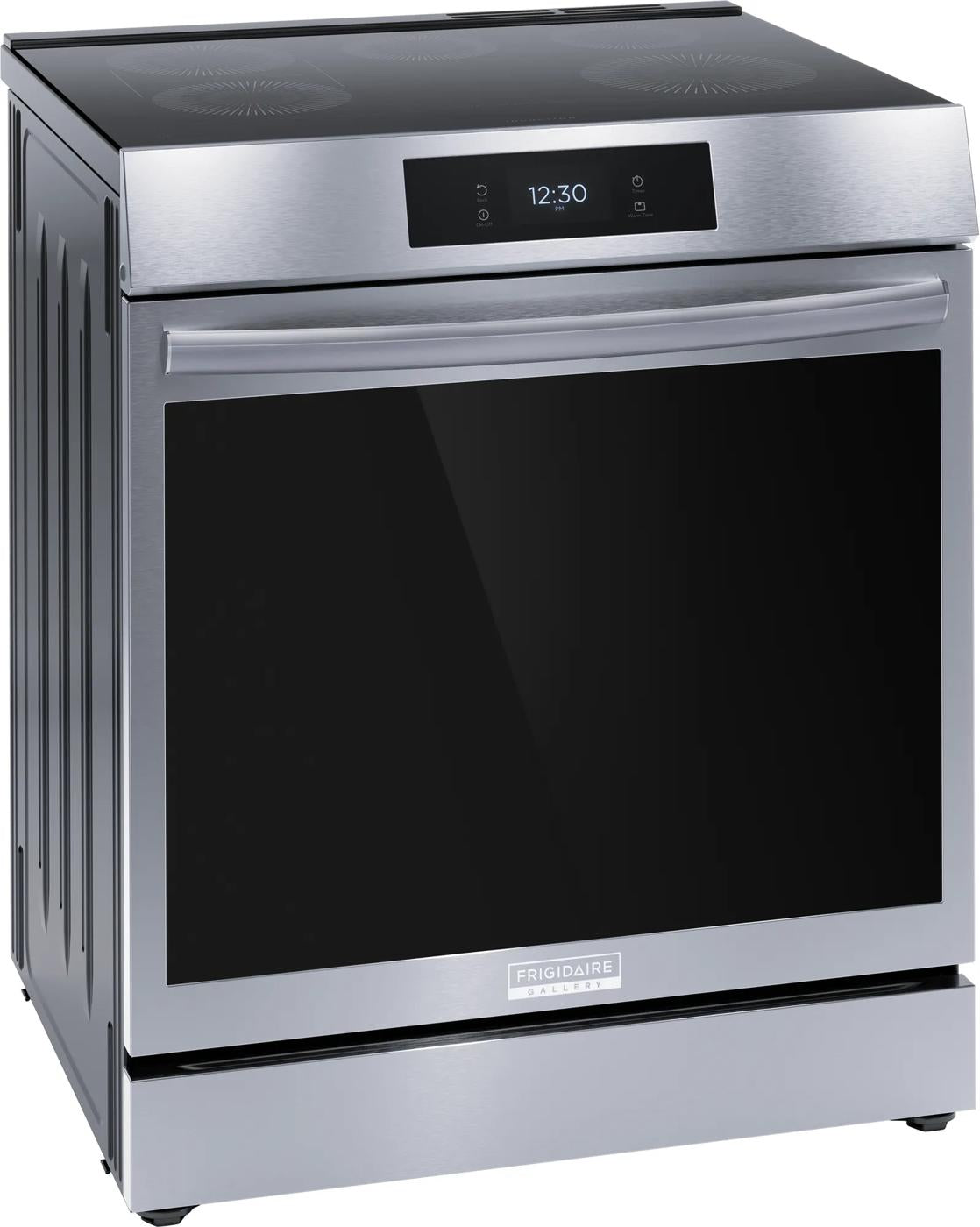 Stainless steel induction range with black glass door and digital touch controls from Ranges & Kitchenware collection