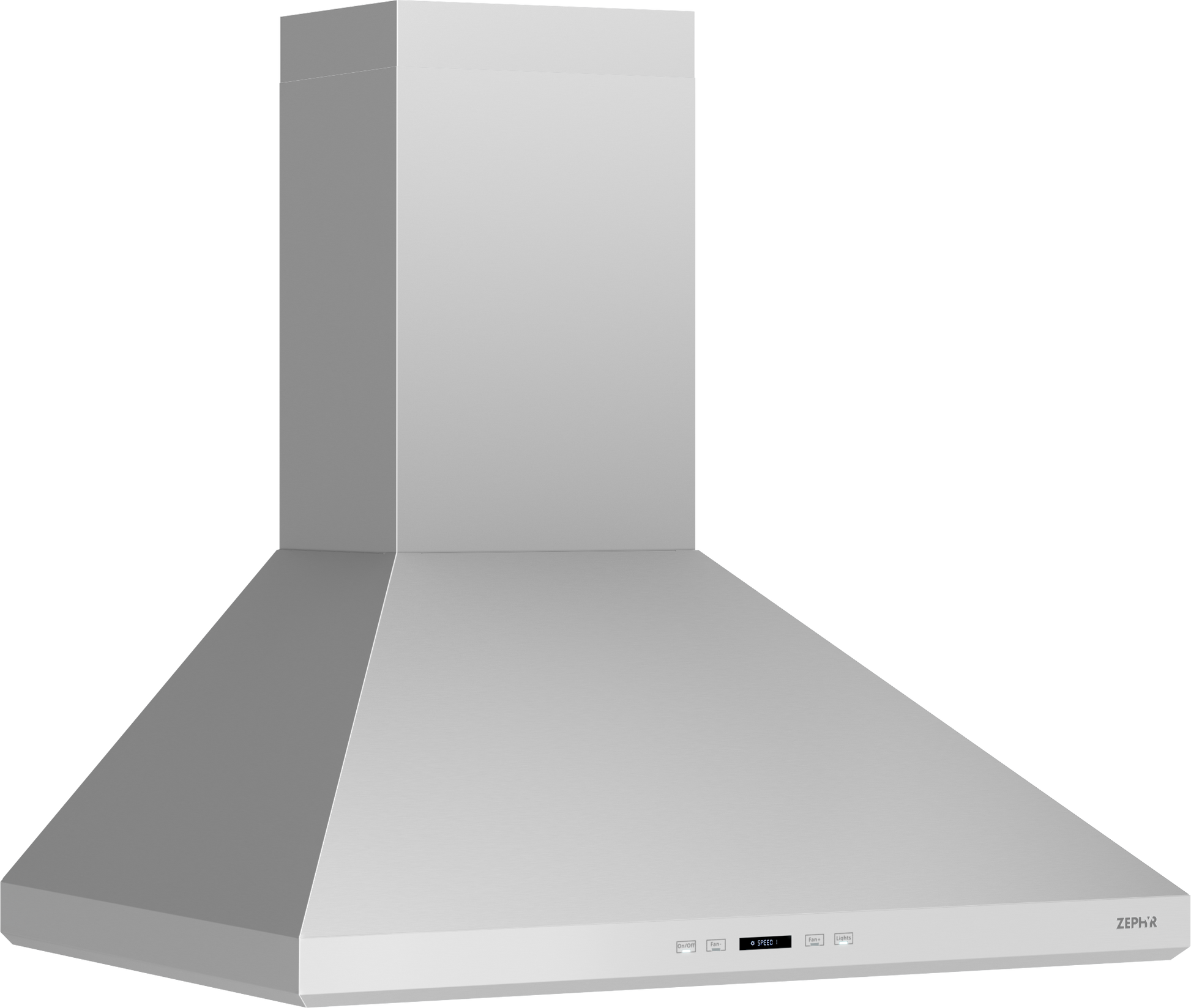 Stainless steel wall-mounted range hood with LED lights and digital control in kitchen appliances and home improvement collections