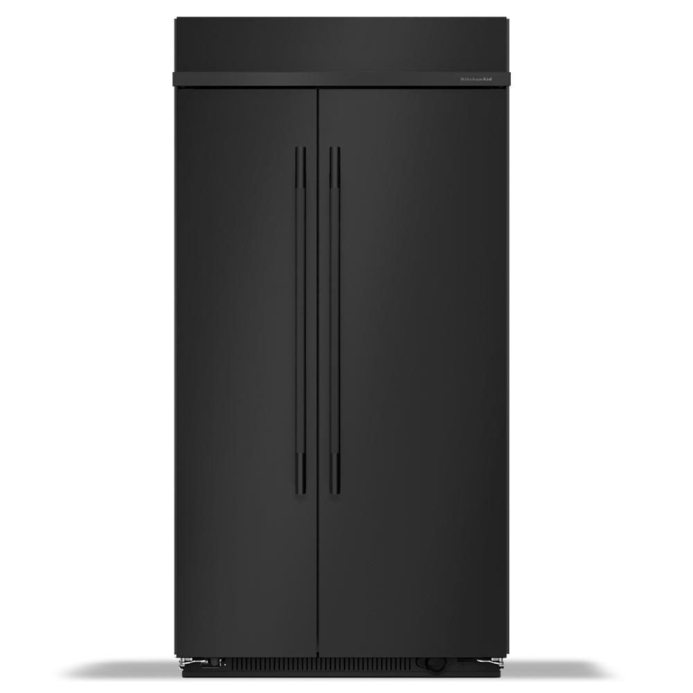 built-in side-by-side refrigerator in matte black with vertical handles, part of KitchenAid appliances collection