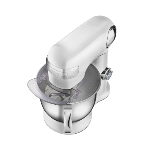 White kitchen stand mixer with stainless steel mixing bowl and clear plastic splash guard for baking tasks
