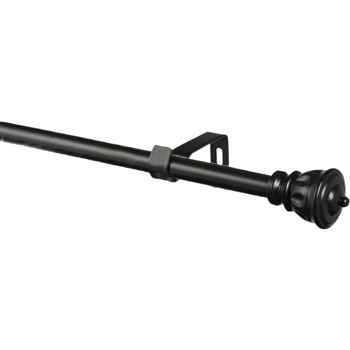Black metal curtain rod with decorative finial and mounting bracket for home improvement window treatments