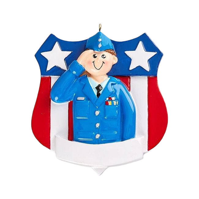 Smiling male Air Force member ornament saluting in blue uniform on red, white, and blue star-spangled shield for Christmas decor