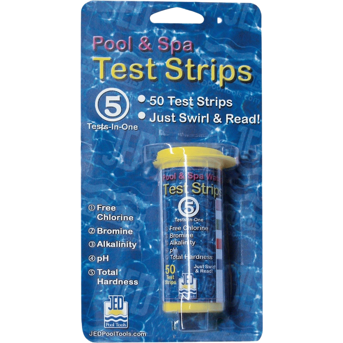 Pool and spa test strips package with yellow cap container for measuring chlorine, bromine, pH, alkalinity, and hardness levels