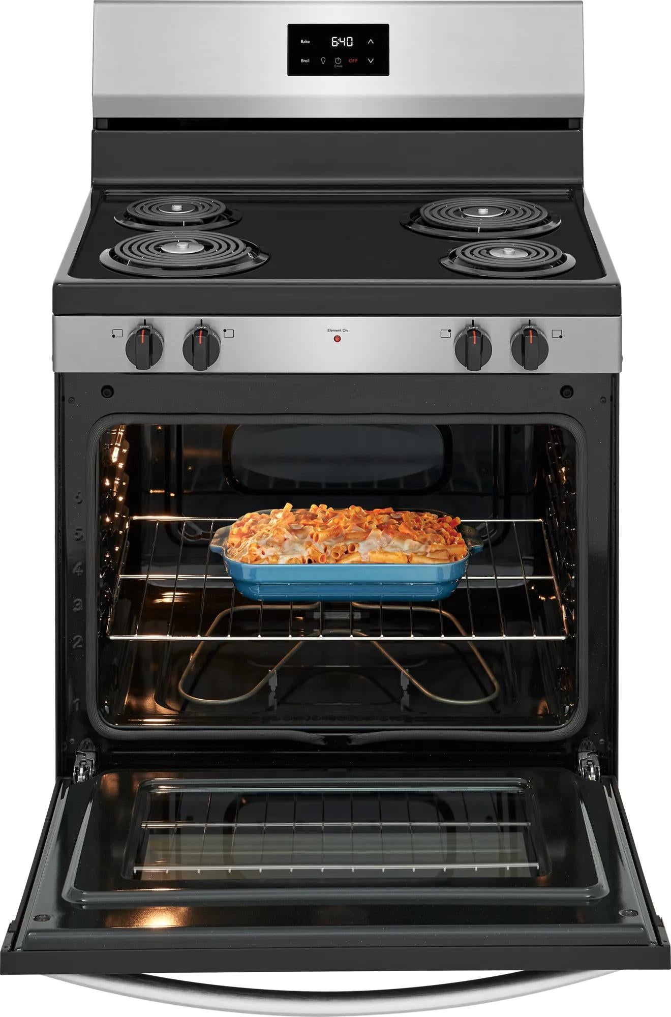 Electric range with coil burners and digital controls, oven open with baked casserole inside for kitchen and appliances collections