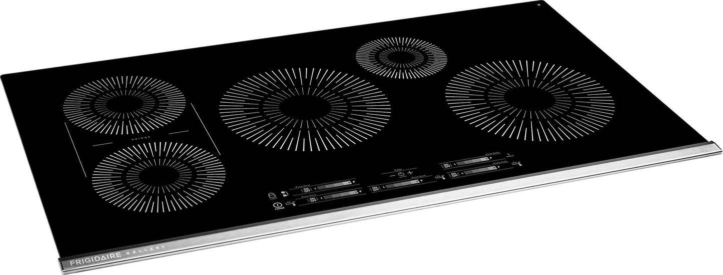 Frigidaire black induction cooktop with five radiant heating zones and touch controls in kitchen appliances collection