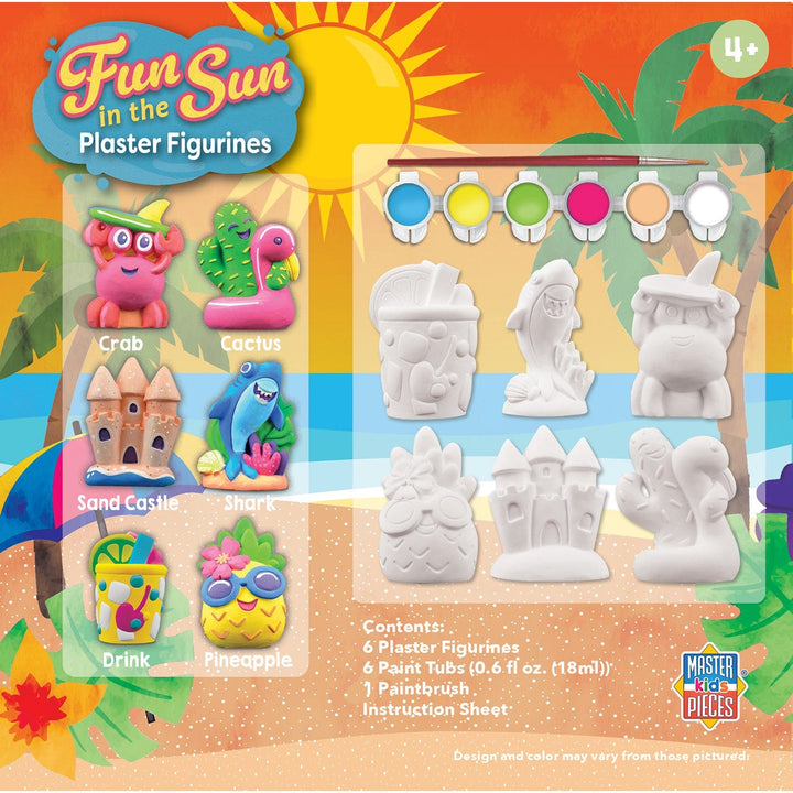 Set of six white plaster figurines with tropical beach-themed designs and six small paint pots with a paintbrush