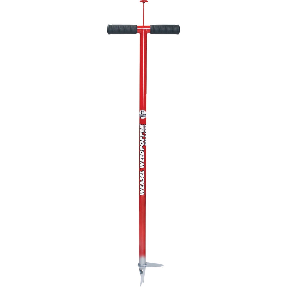 Red long-handled weed remover tool with black handles and metal tip for gardening and home improvement tasks