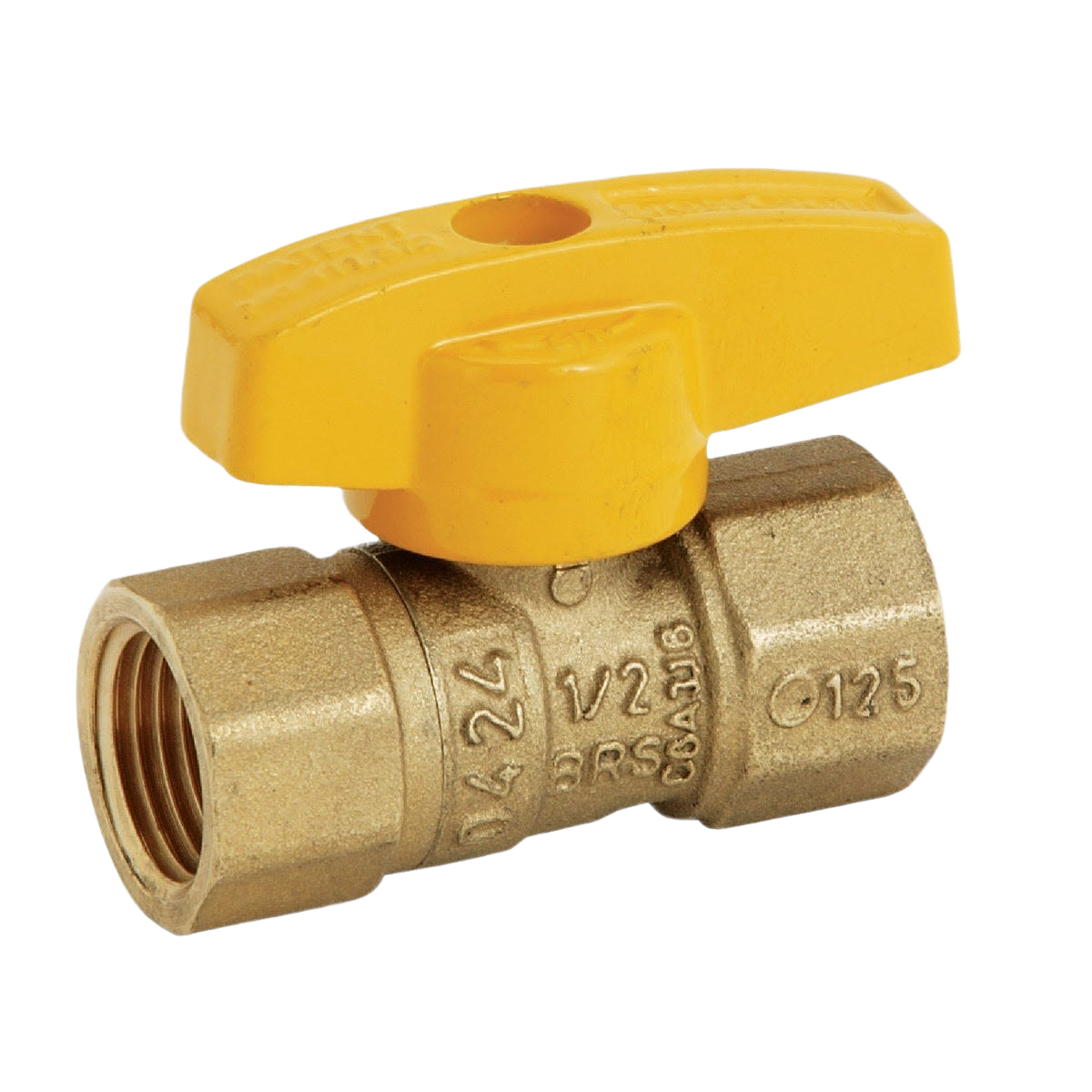 Compact brass gas ball valve with female pipe threads and yellow lever handle for home improvement use