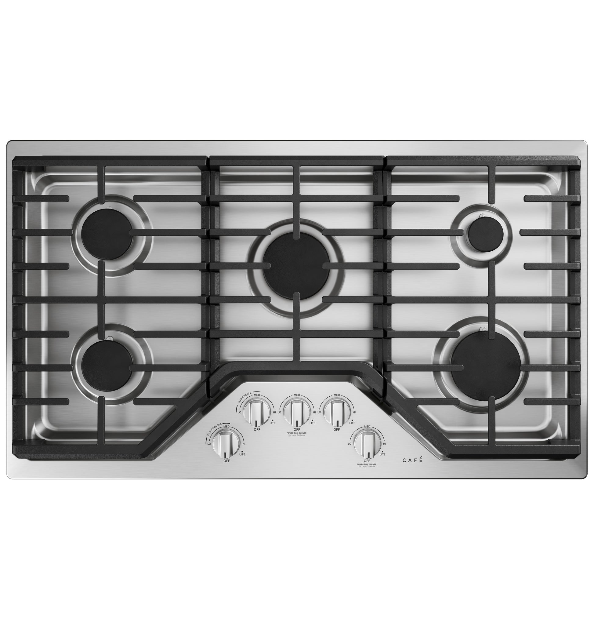 Stainless steel 36-inch gas cooktop with five burners and front control knobs for kitchen improvement and appliances collections