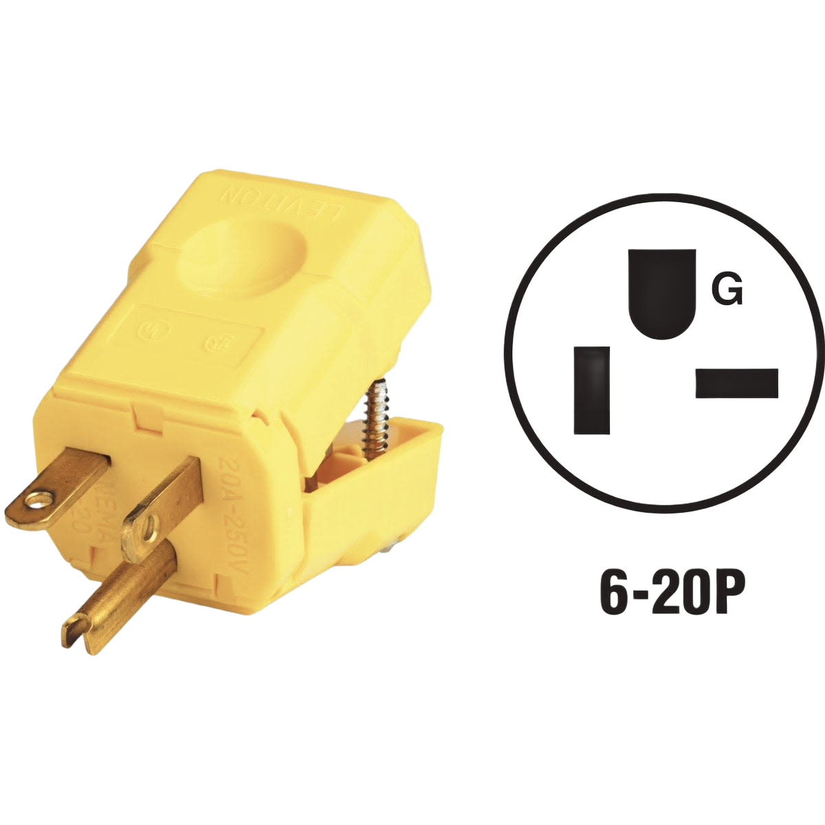 Yellow 20 Amp 250V 3-wire 2-pole cord plug with hinged housing for electrical and home improvement projects