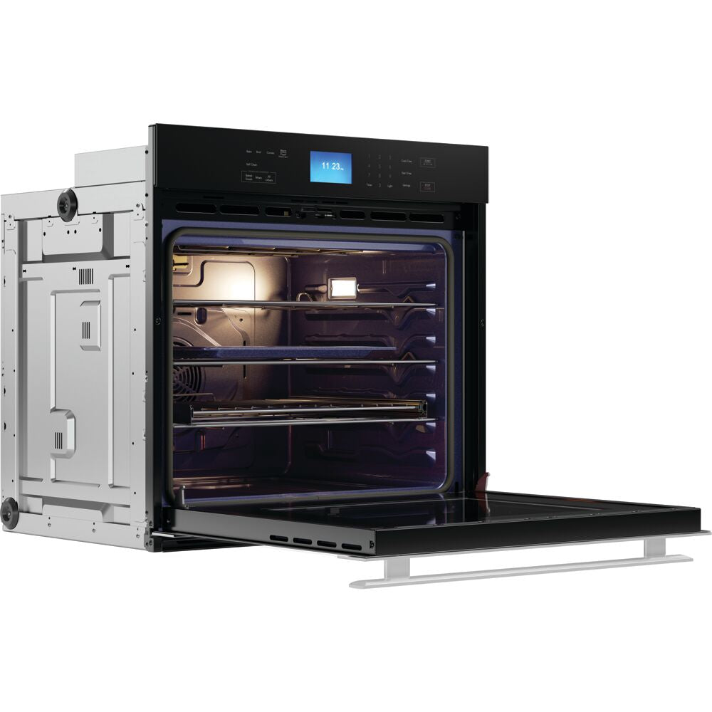 Open electric single wall oven with black glass door and stainless steel side panels from kitchen appliances collection