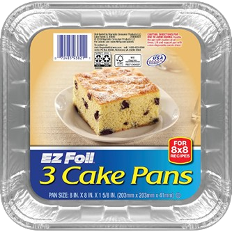 Set of three disposable square aluminum cake pans suitable for baking 8x8 inch recipes at home