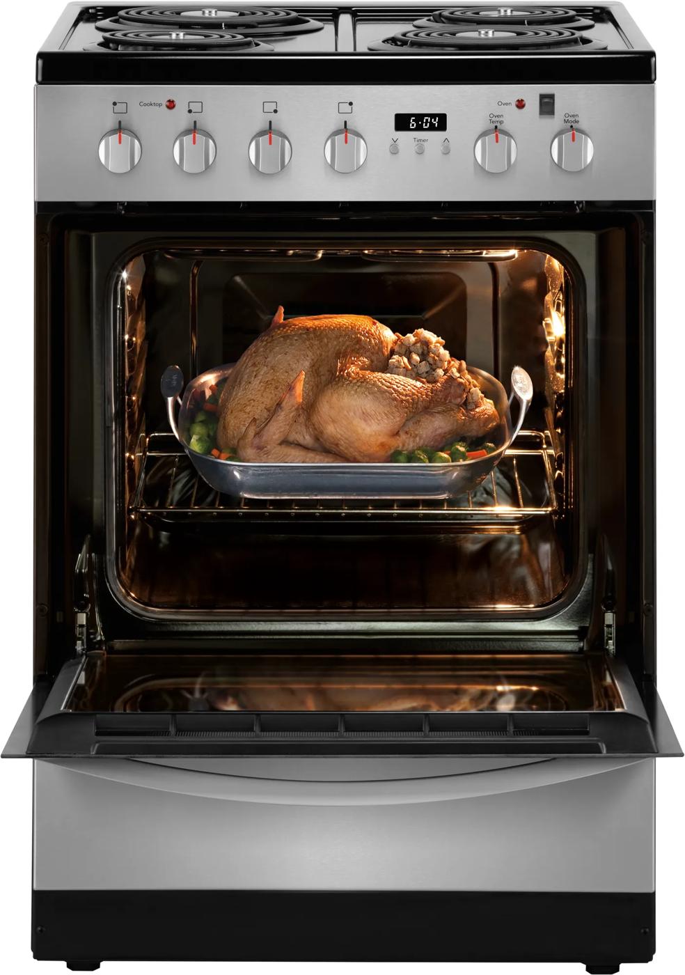 24-inch freestanding electric range with coil burners and a roasted turkey inside the oven from kitchen appliances collection