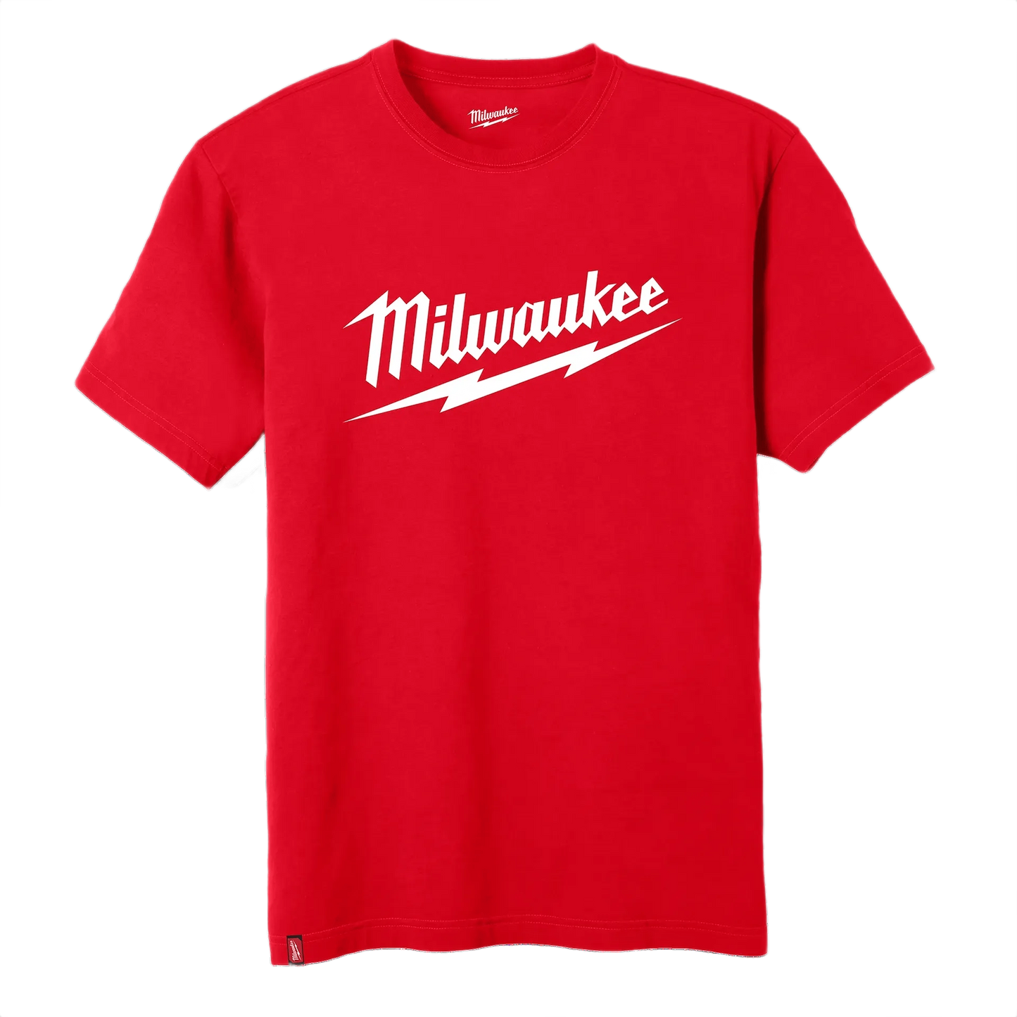 Red short sleeve heavy-duty tee with white Milwaukee logo for tools and home improvement tasks