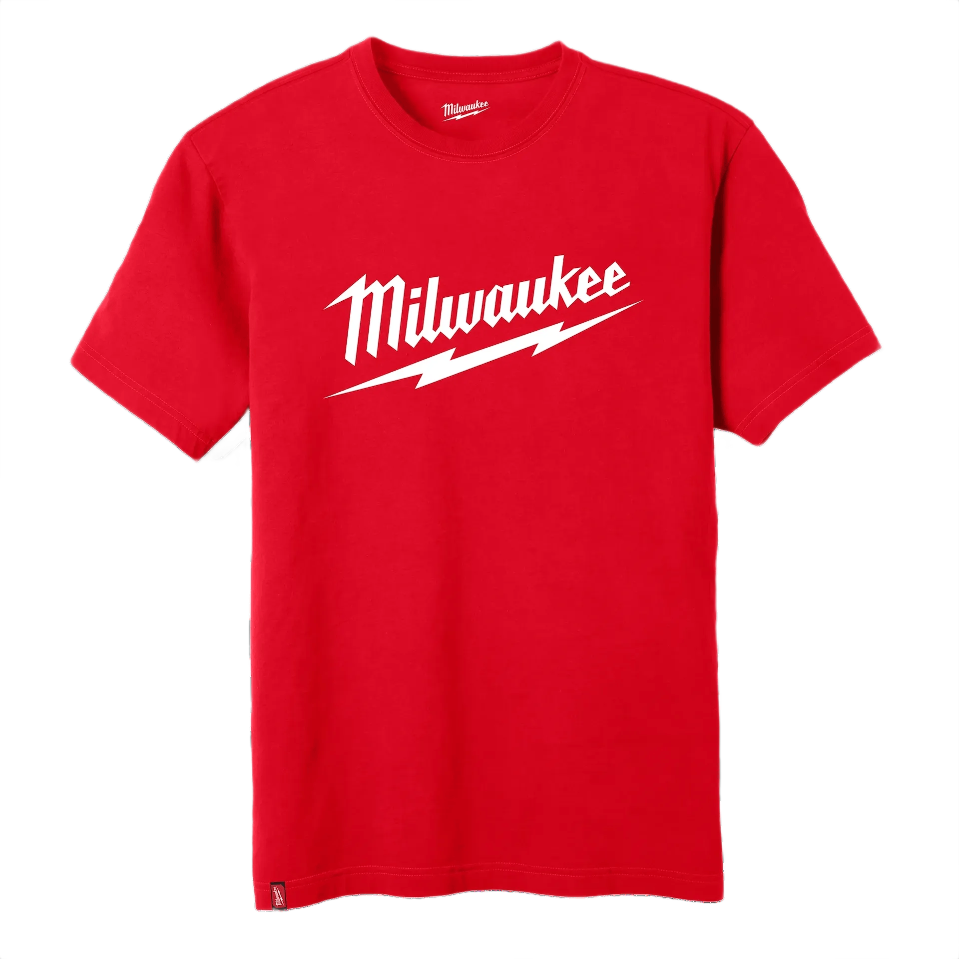 Red short sleeve heavy-duty tee with white Milwaukee logo for tools and home improvement tasks