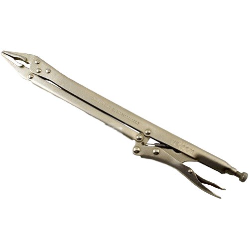 Silver long nose locking pliers with adjustable jaw and lever lock mechanism for home improvement and tools use