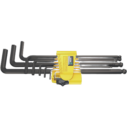 Set of nine black L-shaped hex keys with yellow holder designed for home improvement and tool use