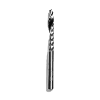 Up-spiral O-flute router bit in polished steel for precise deep cuts in non-ferrous metals and acrylic