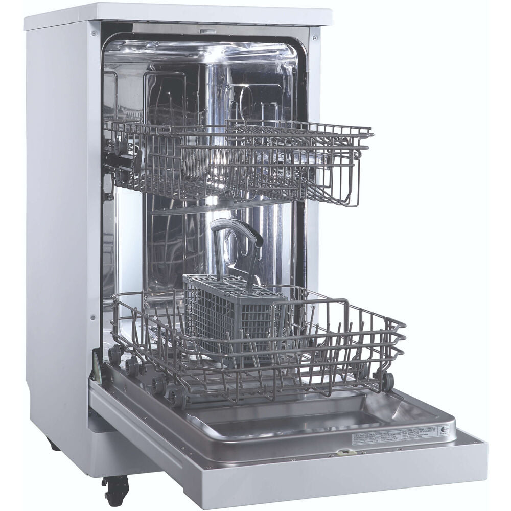 Portable dishwasher with stainless steel interior, two racks, and silverware basket in appliances and kitchenware collection
