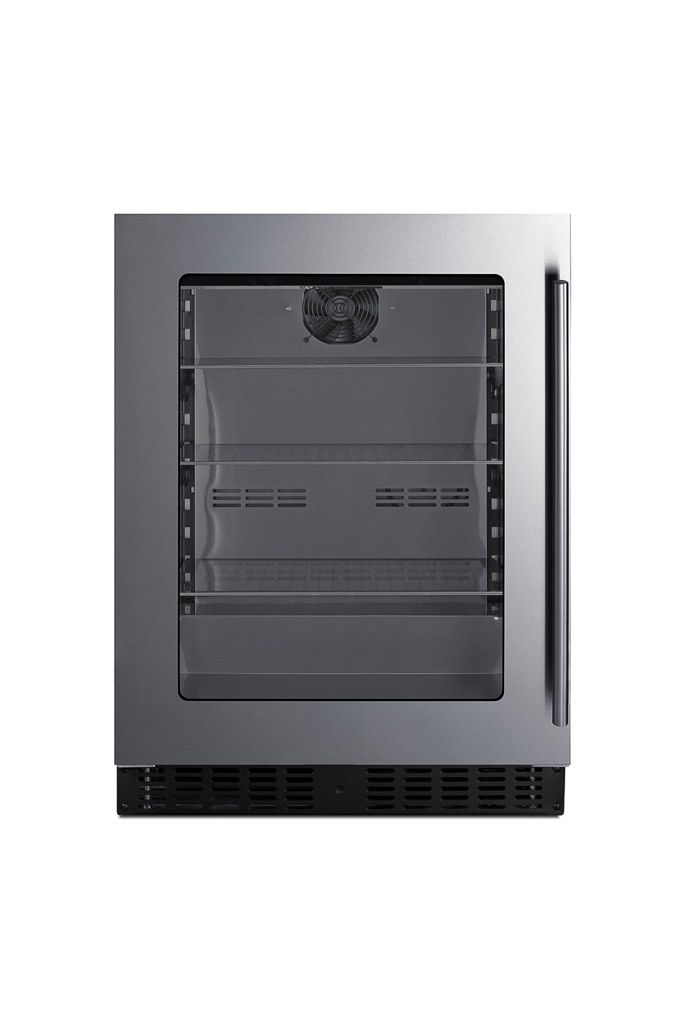 24" wide built-in beverage refrigerator with glass door and stainless steel frame in kitchen appliances collection