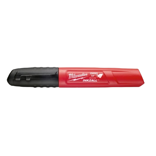 Red and black jobsite marker with chisel tip for durable marking on rough surfaces in woodworking and hand tools collections