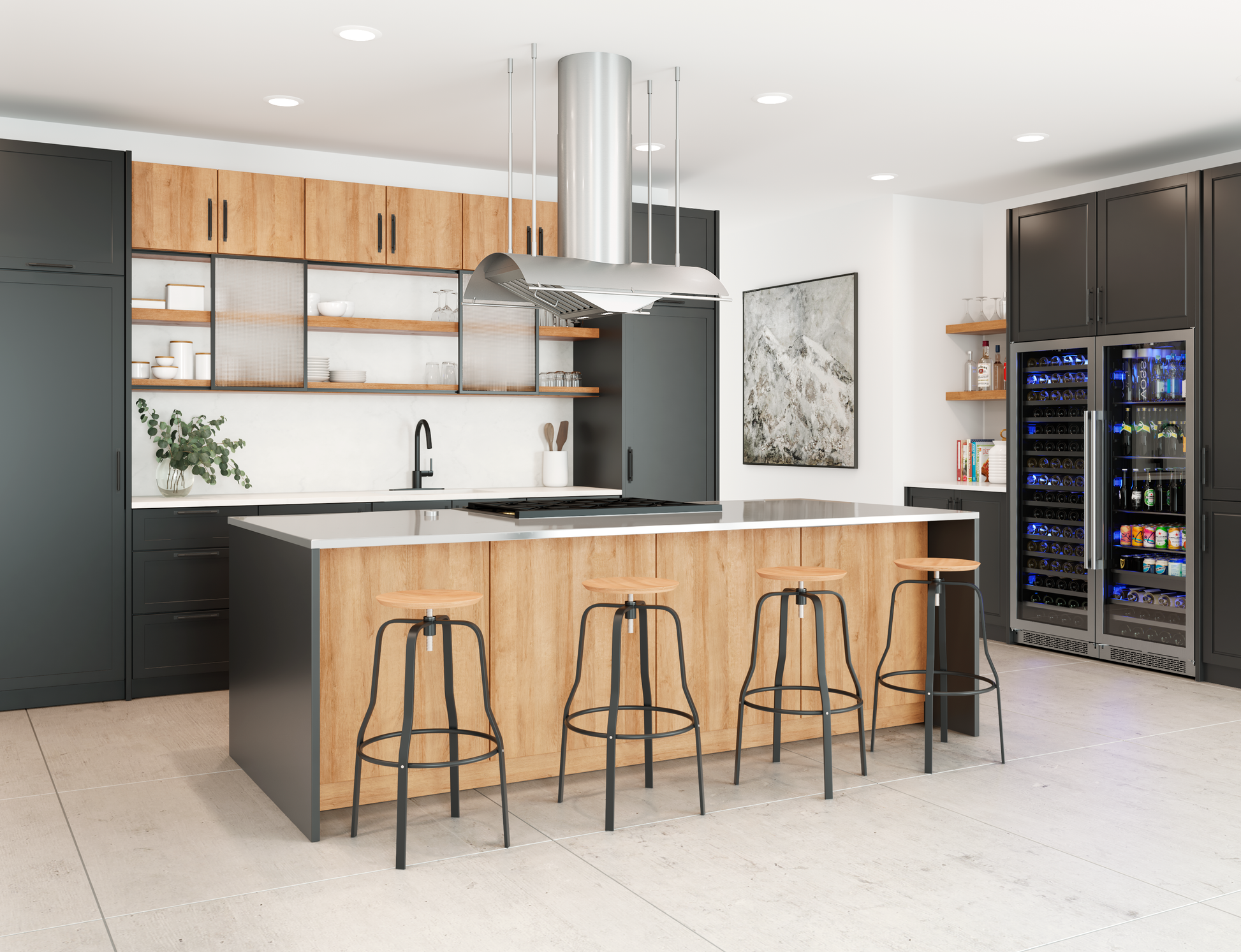 Modern kitchen with a suspended stainless steel range hood, wood cabinetry, and black metal bar stools in appliances collection