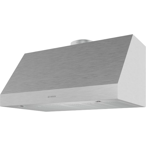 Stainless steel undercabinet range hood with angled design and vent filters from Bosch kitchen appliances collection