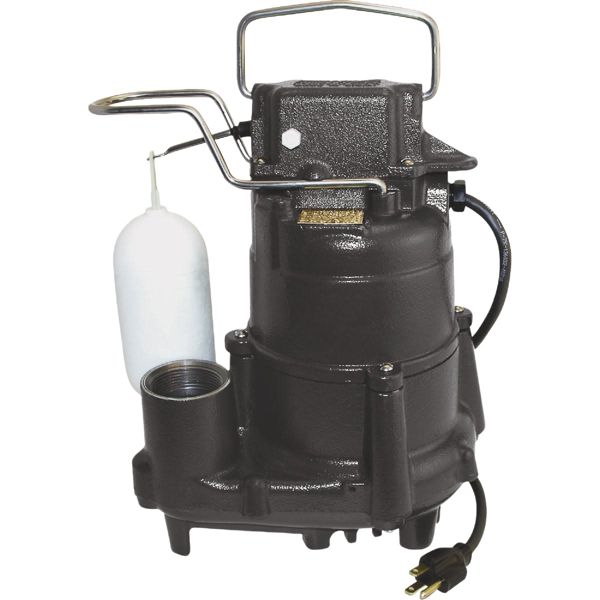Black cast iron submersible sump pump with float switch and power cord for home improvement projects