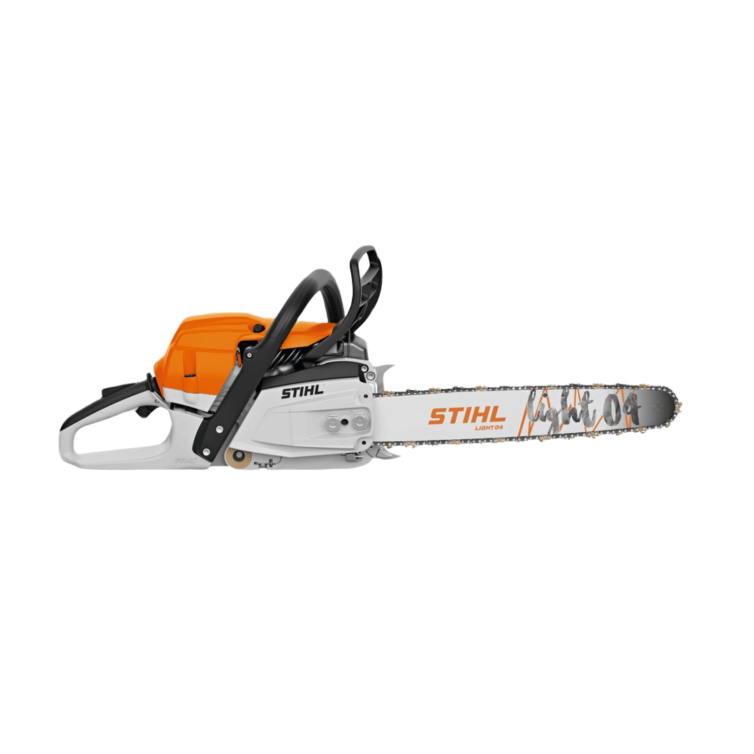 Orange and white gas-powered chainsaw with 18-inch bar for cutting wood in tools and home improvement tasks