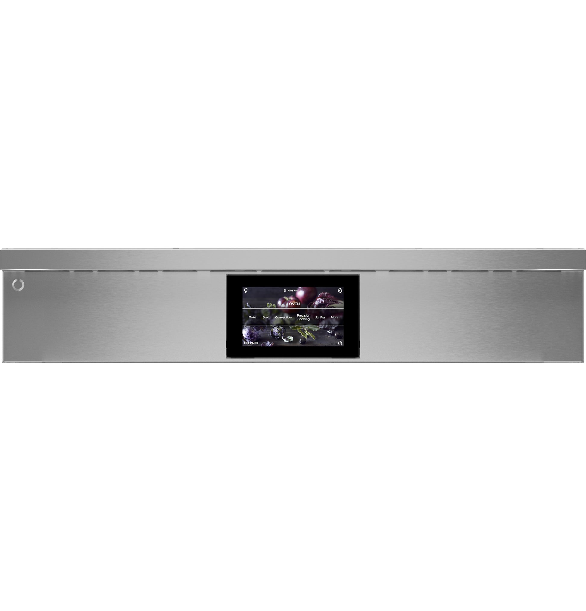 Stainless steel control panel with digital touchscreen display for advanced settings in induction cooktops and ranges collection