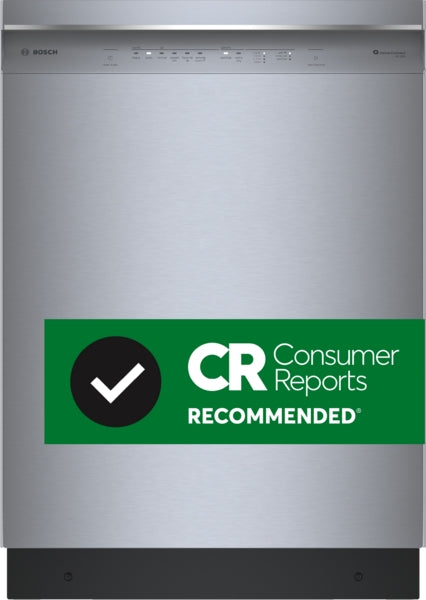 Front view of stainless steel 24-inch dishwasher with digital control panel and Consumer Reports Recommended badge