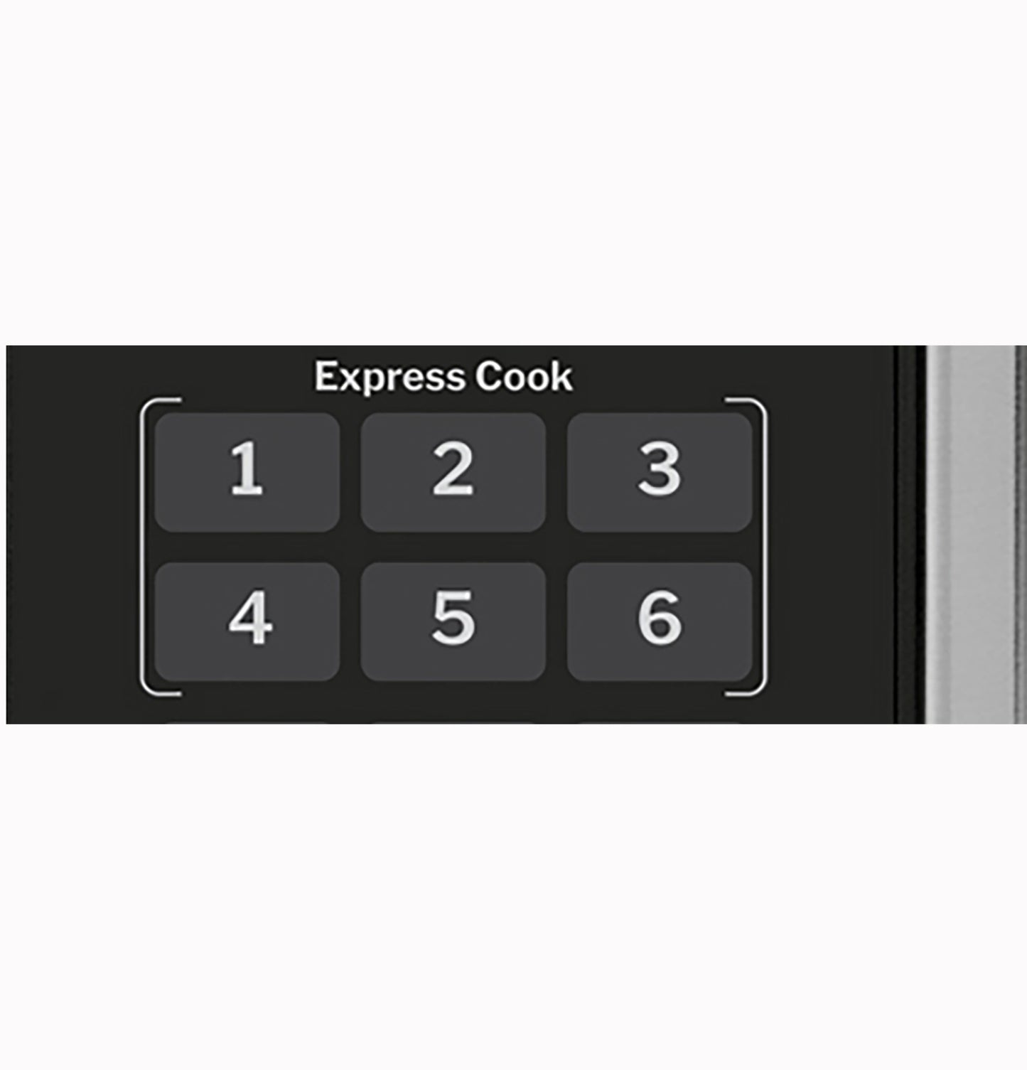 Close-up of microwave express cook buttons numbered one to six on black control panel in kitchen appliance collection