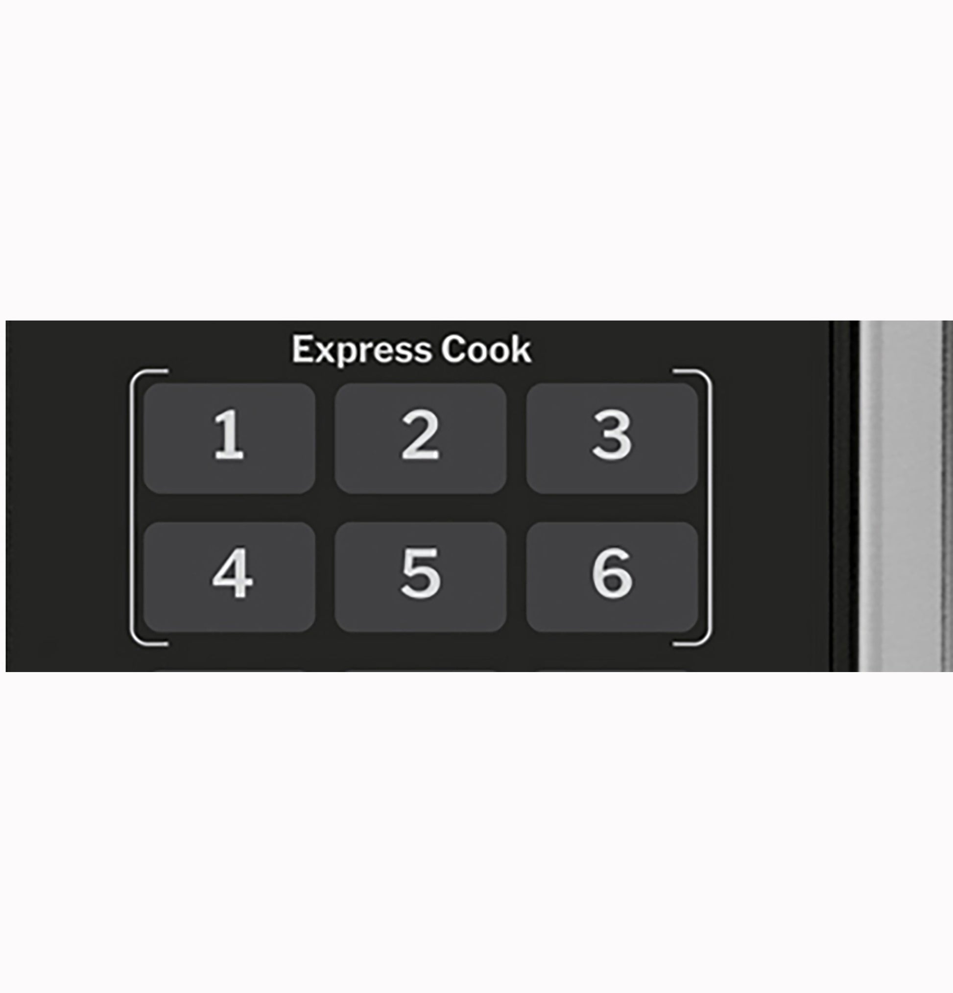 Close-up of microwave express cook buttons numbered one to six on black control panel in kitchen appliance collection