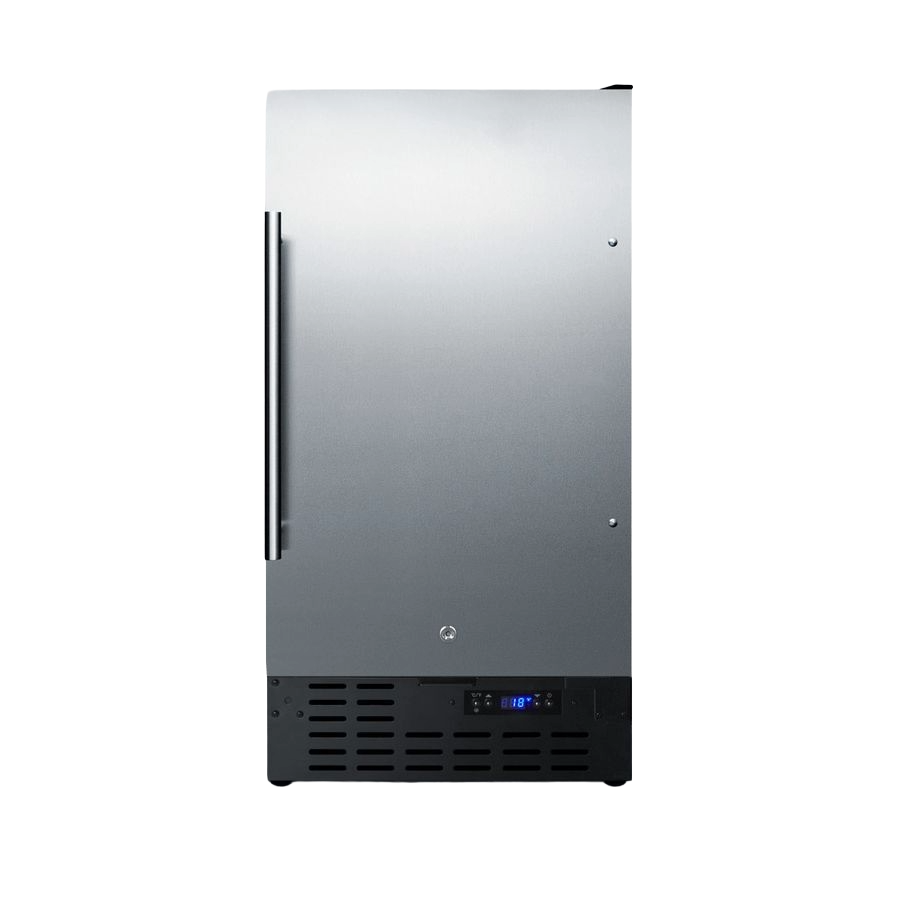 18-inch wide built-in all-refrigerator with stainless steel door and digital display in kitchen appliance collection