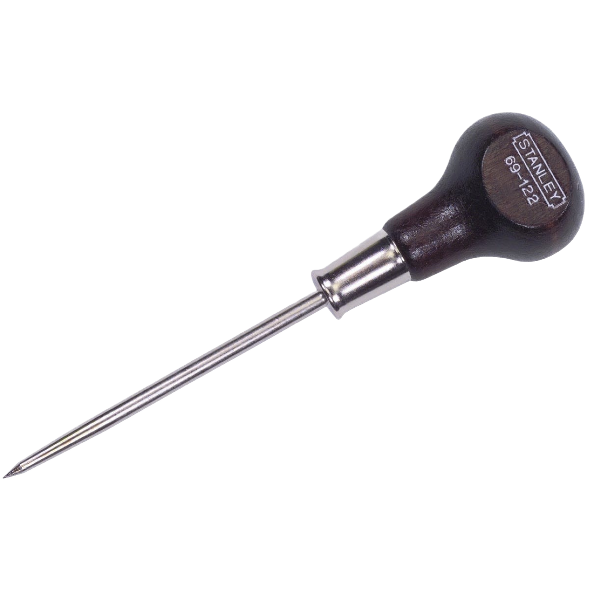 Woodworking scratch awl with tempered steel bar and hardwood handle in hand and woodworking tools collection