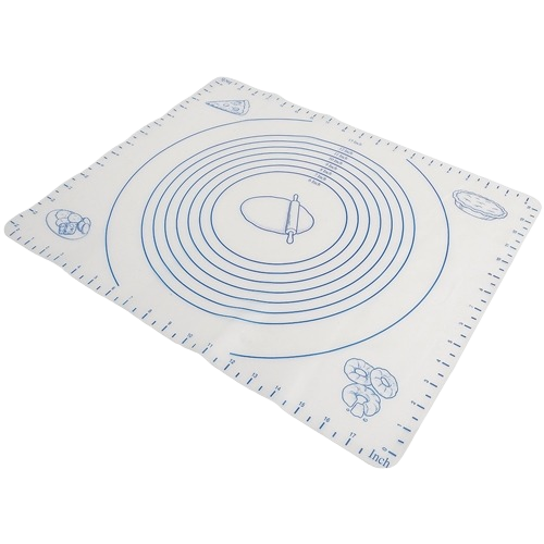 White silicone baking mat with blue measurement guides and food illustrations for kitchen gadgets and bakeware use