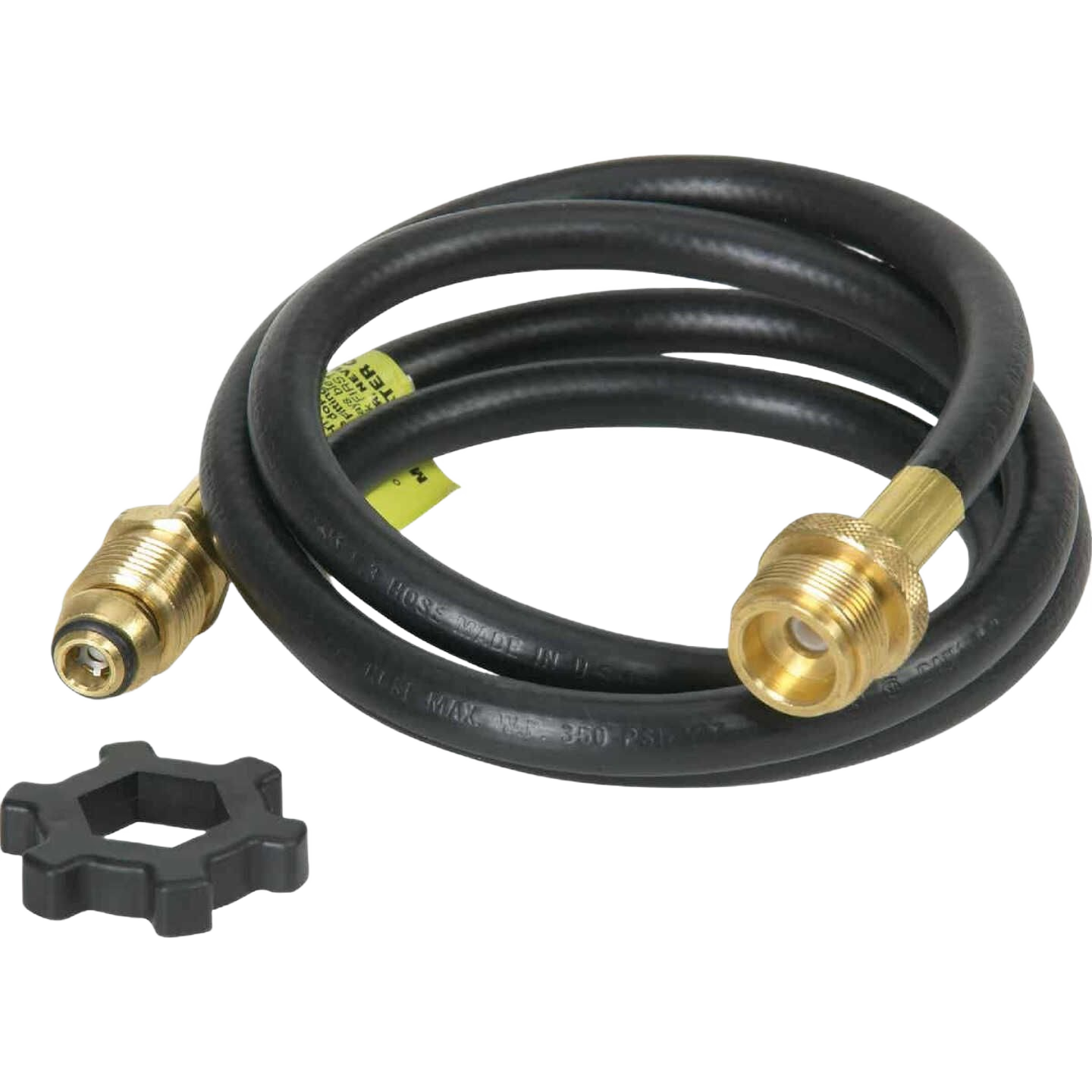 Flexible propane hose assembly with brass connectors and black plastic tightening knob for grill accessories and outdoor living