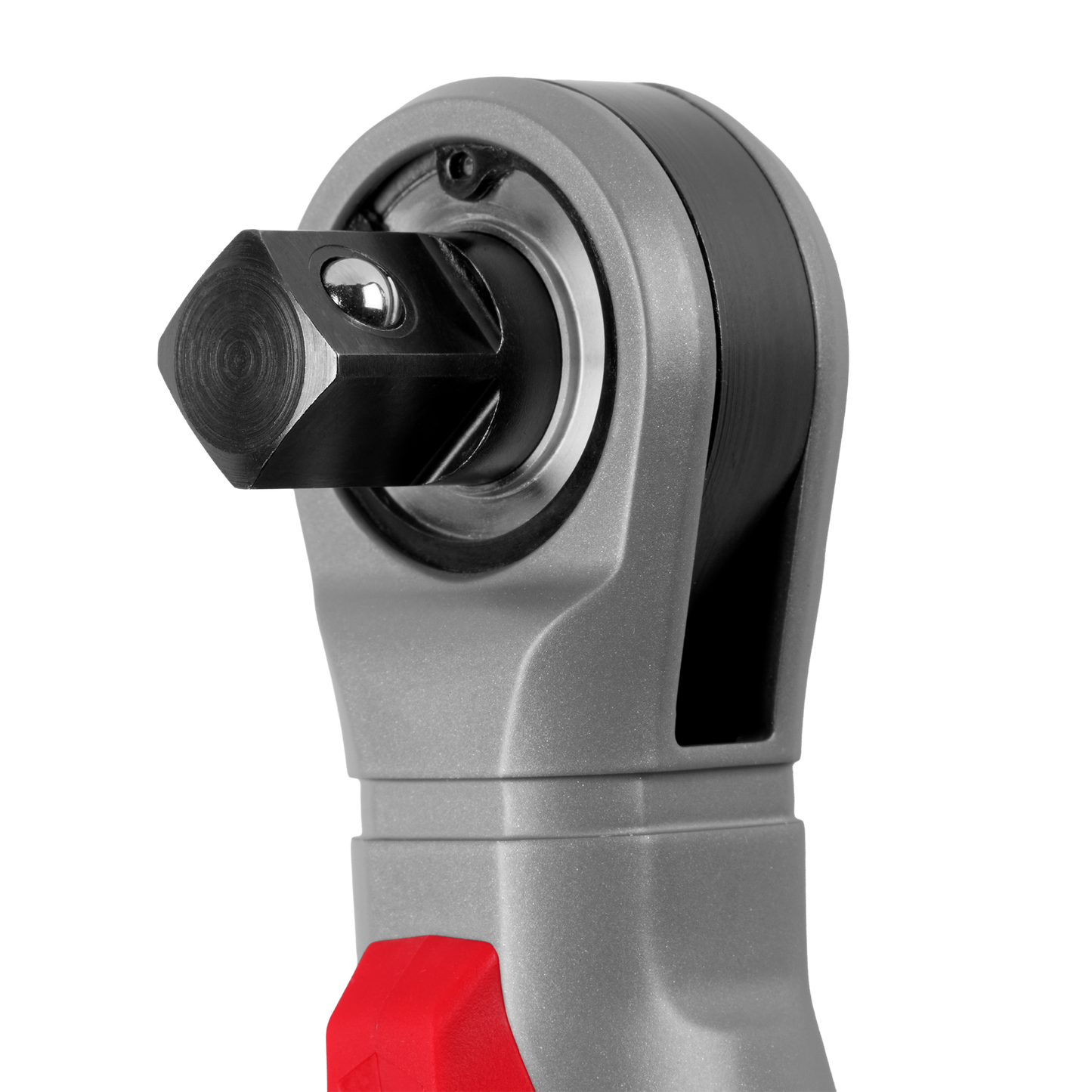 Close-up of a gray and red cordless ratchet drive head with square anvil for sockets, part of Milwaukee hand tools for woodworking and home improvement at Hartville Hardware.