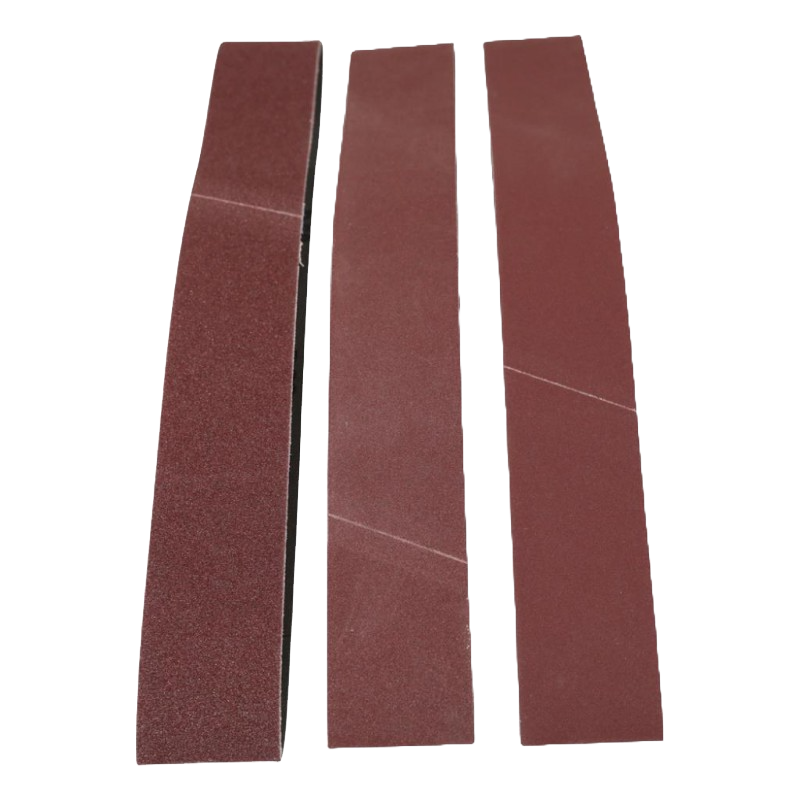 Three reddish brown aluminum oxide abrasive belts with 240 grit texture for tools and home improvement tasks