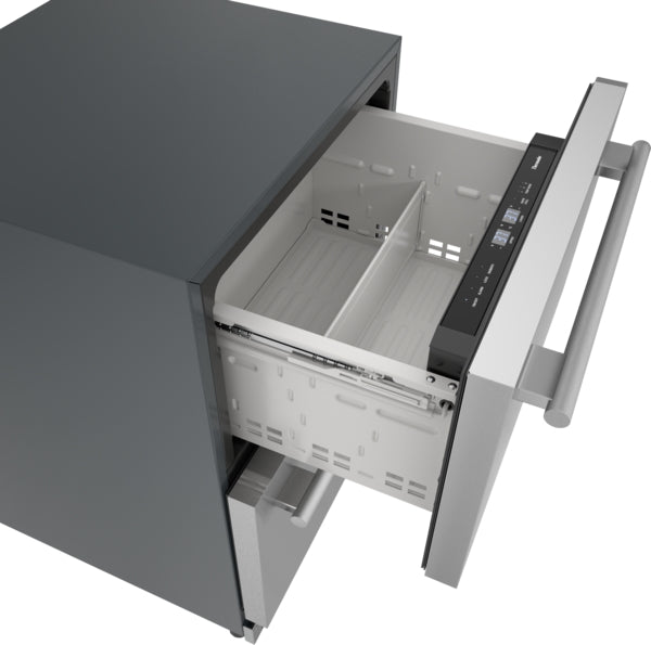 Open drawer view of stainless steel under counter double drawer refrigerator with digital controls from Thermador Appliances collection