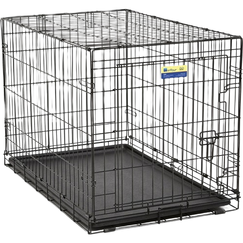 Black metal wire dog crate with single door and removable plastic tray for pet containment and home use