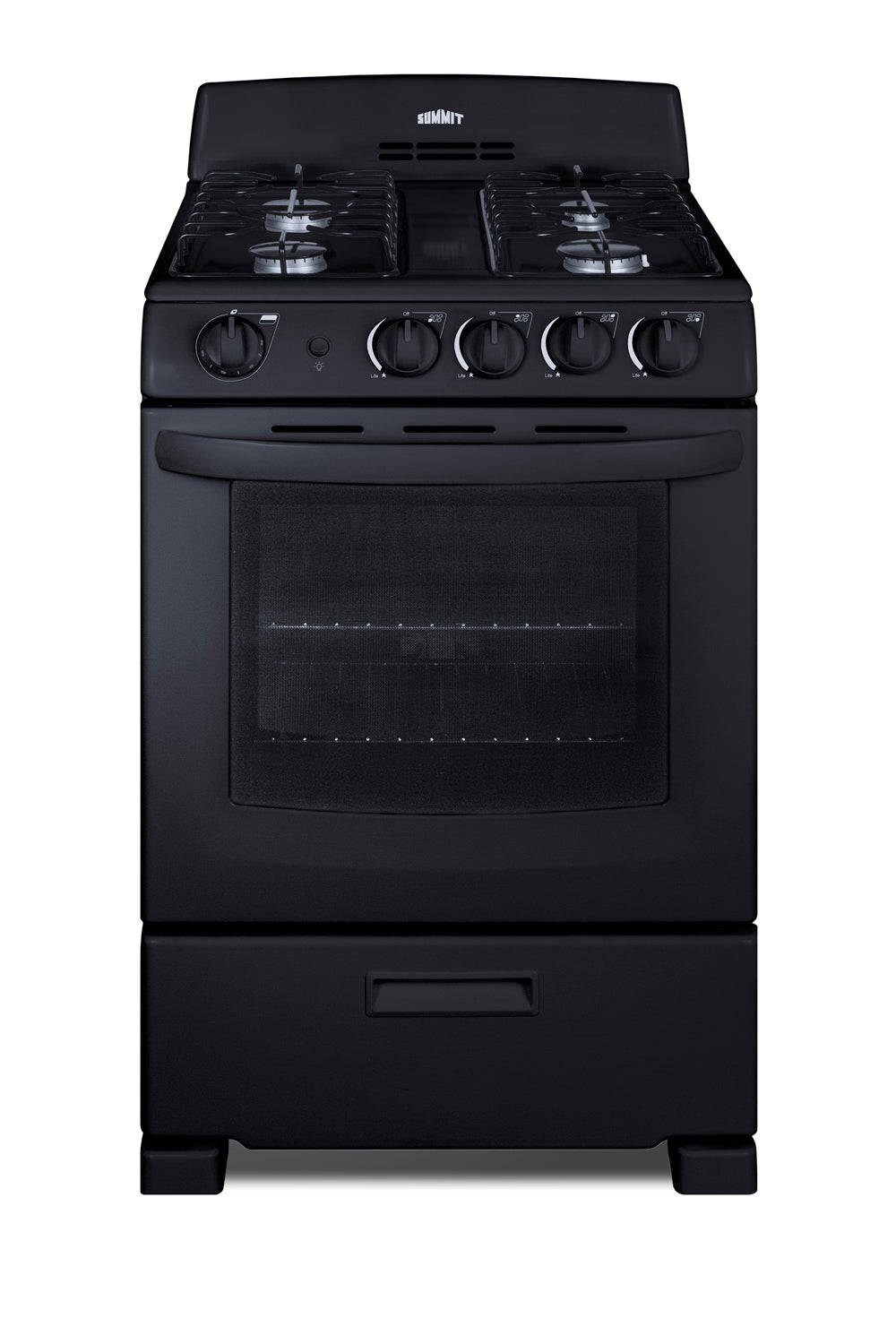 black 24-inch wide gas range with four burners, control knobs, and a front window oven from kitchen appliances collection