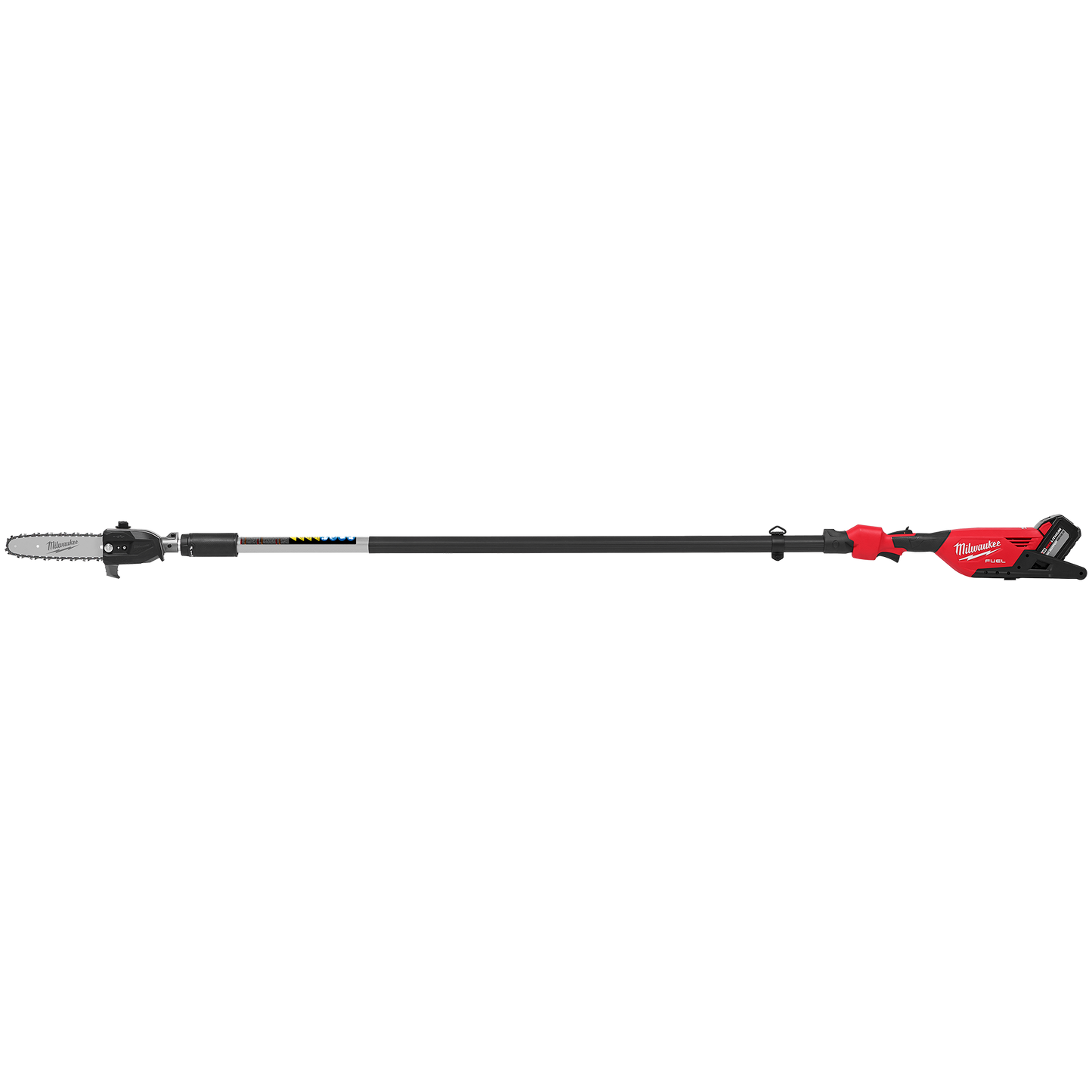 Red and black cordless electric telescoping pole saw with brushless motor for outdoor power tools and home improvement